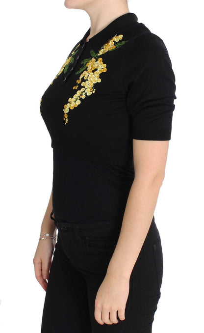 Dolce &amp; Gabbana – Poloshirt aus schwarzer Seide mit Blumenstickerei