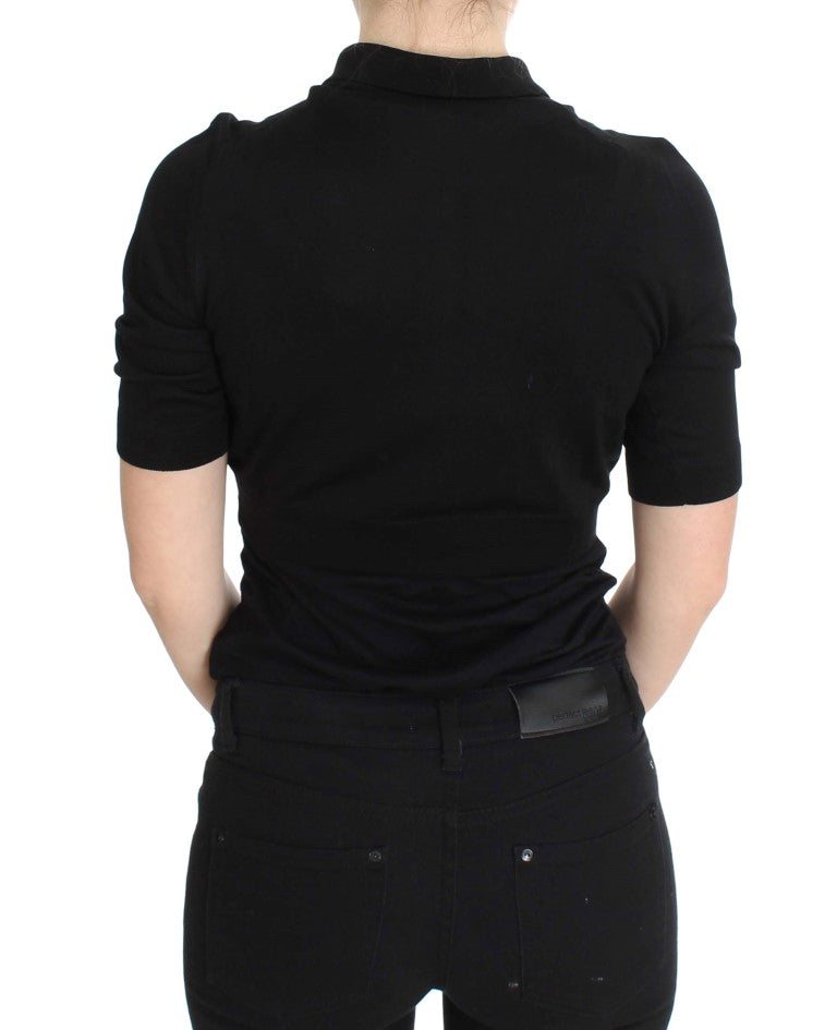 Dolce &amp; Gabbana – Poloshirt aus schwarzer Seide mit Blumenstickerei
