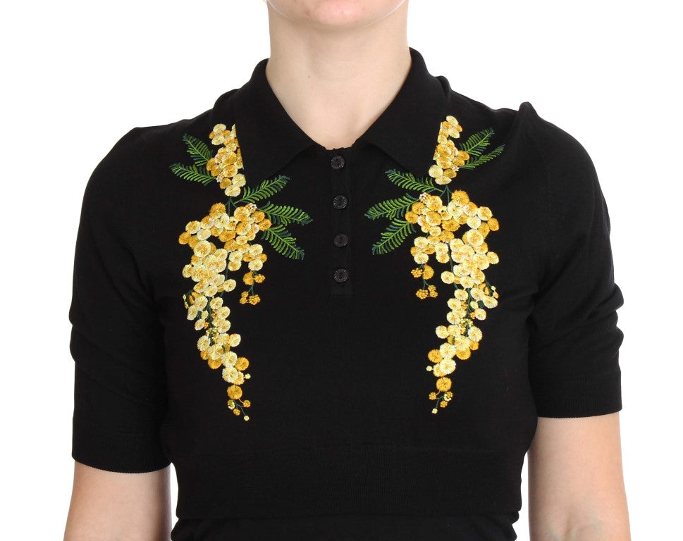 Dolce &amp; Gabbana – Poloshirt aus schwarzer Seide mit Blumenstickerei