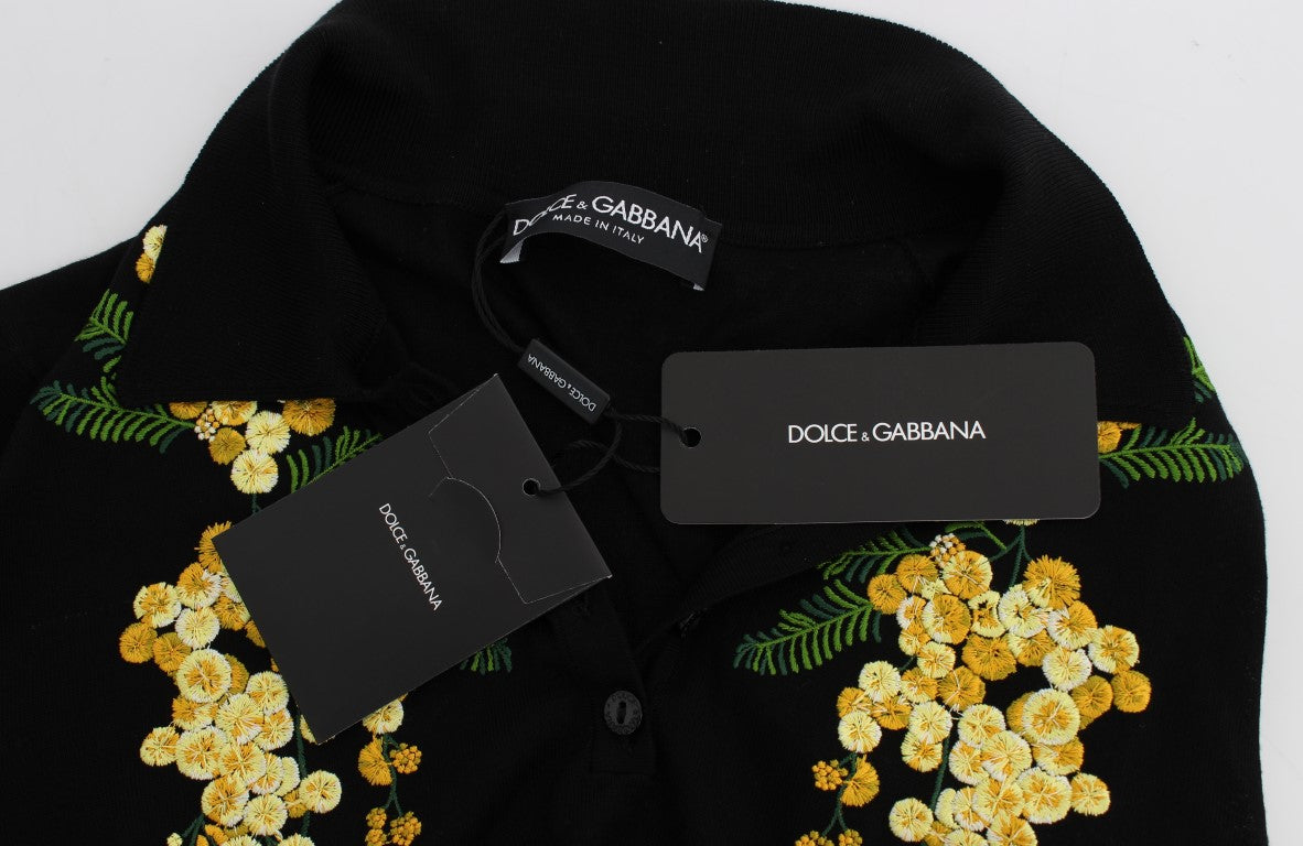 Dolce &amp; Gabbana – Poloshirt aus schwarzer Seide mit Blumenstickerei