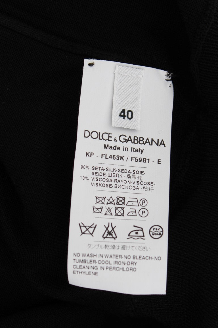 Dolce &amp; Gabbana – Poloshirt aus schwarzer Seide mit Blumenstickerei