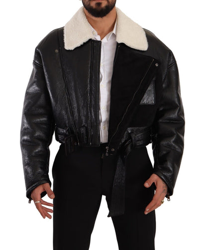 Dolce &amp; Gabbana – Schwarze Bikerjacke aus Leder mit Lammfell