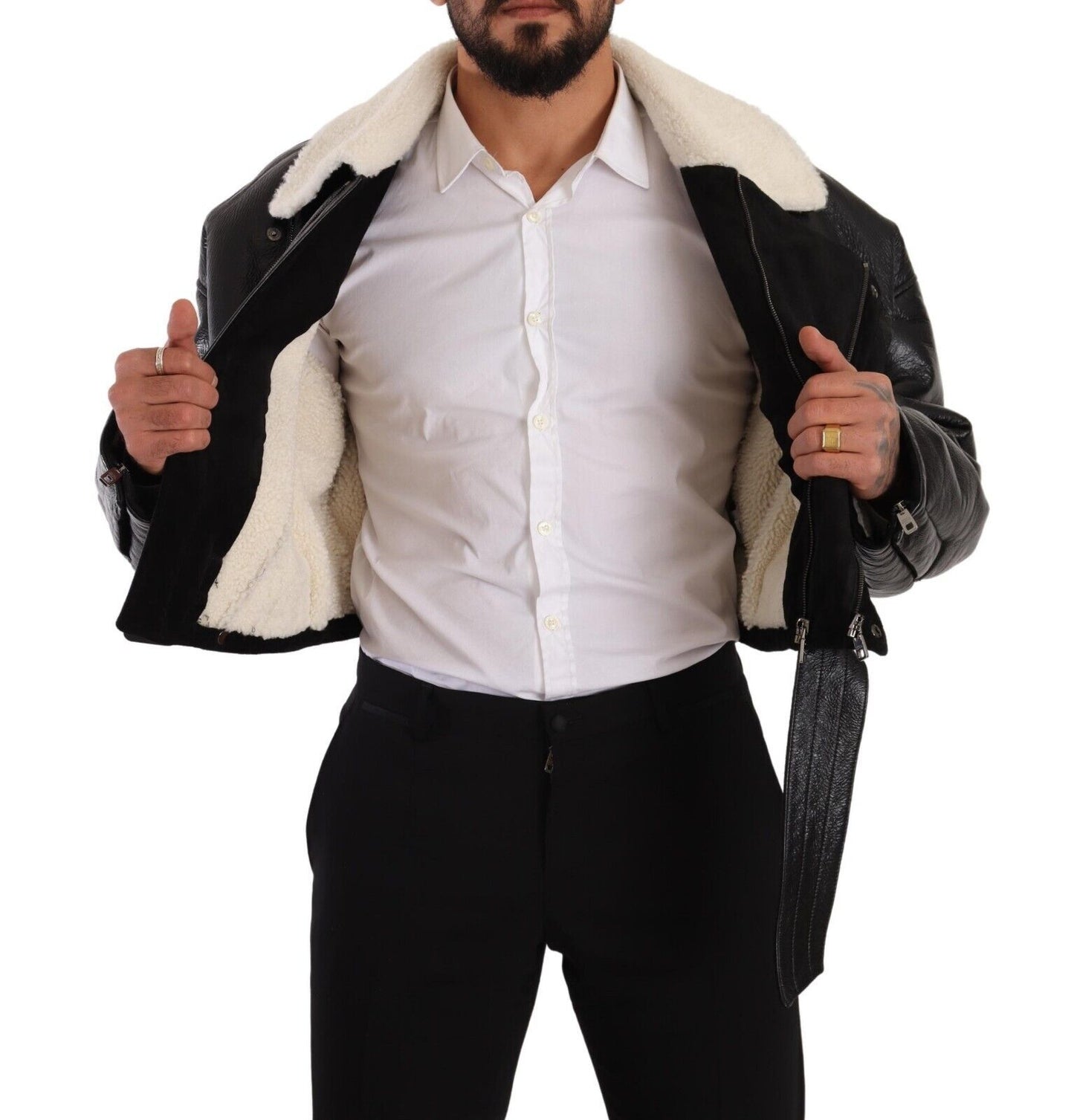Dolce &amp; Gabbana – Schwarze Bikerjacke aus Leder mit Lammfell