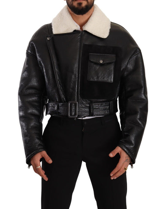 Dolce &amp; Gabbana – Schwarze Bikerjacke aus Leder mit Lammfell