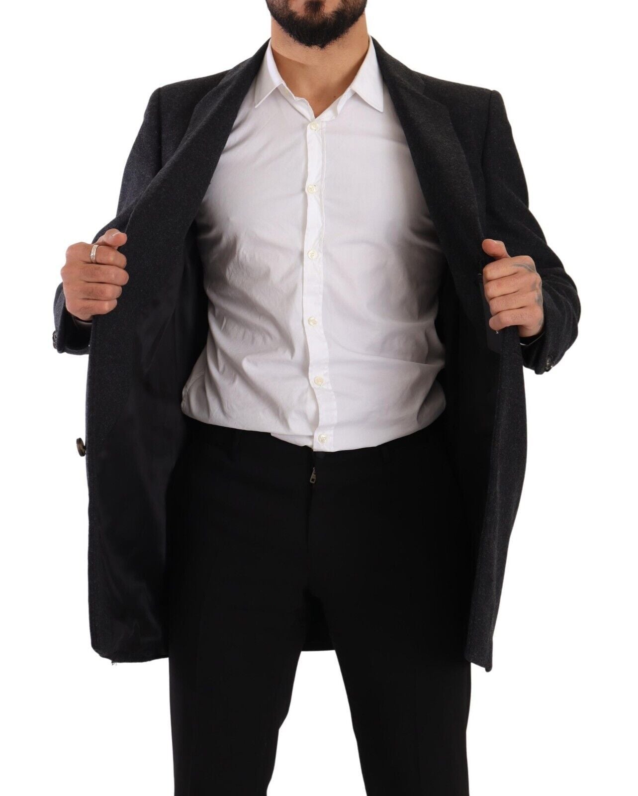 Dolce &amp; Gabbana Dark Gray Wool Over Trench Coat Men Jacket