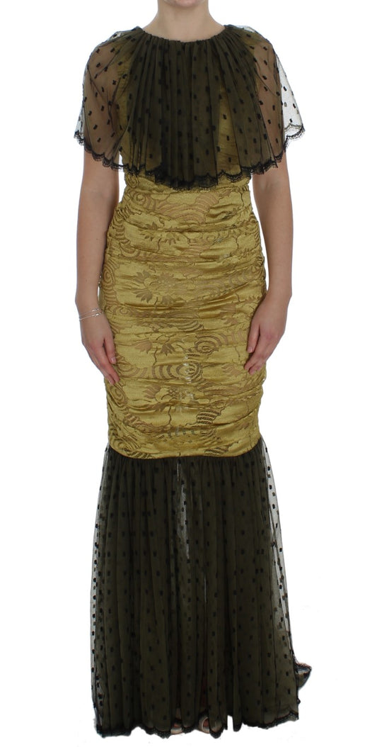 Dolce &amp; Gabbana Gelb-Schwarzes Ricamo-Kleid aus floraler Spitze