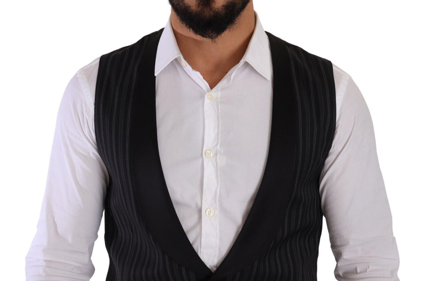 Dolce &amp; Gabbana – Schwarze Weste aus gestreifter Wolle und Seide
