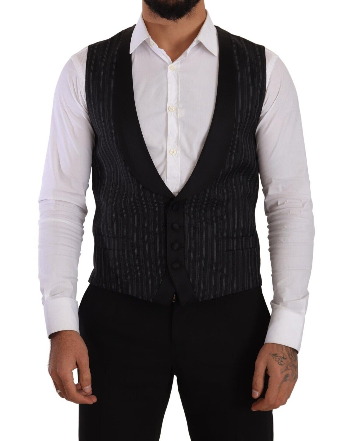 Dolce &amp; Gabbana – Schwarze Weste aus gestreifter Wolle und Seide