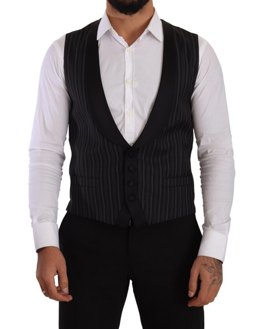 Dolce &amp; Gabbana – Schwarze Weste aus gestreifter Wolle und Seide