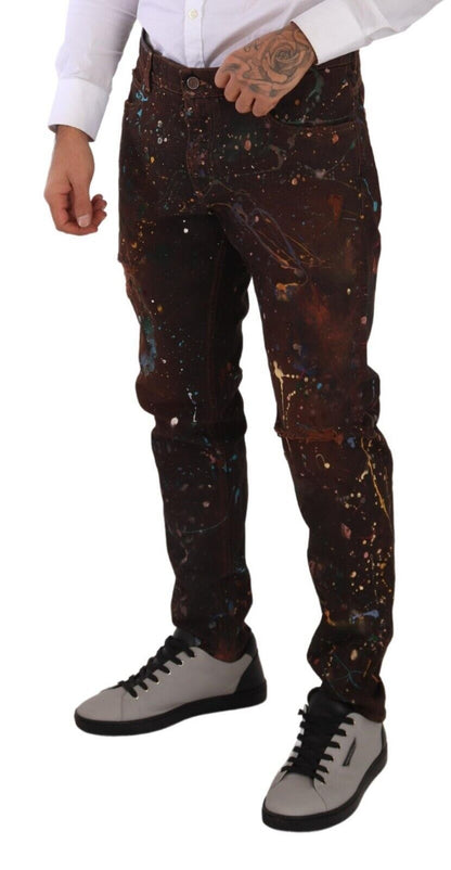 Dolce &amp; Gabbana – Jeans aus Baumwoll-Jeansstoff in Braun mit Farbspritzern