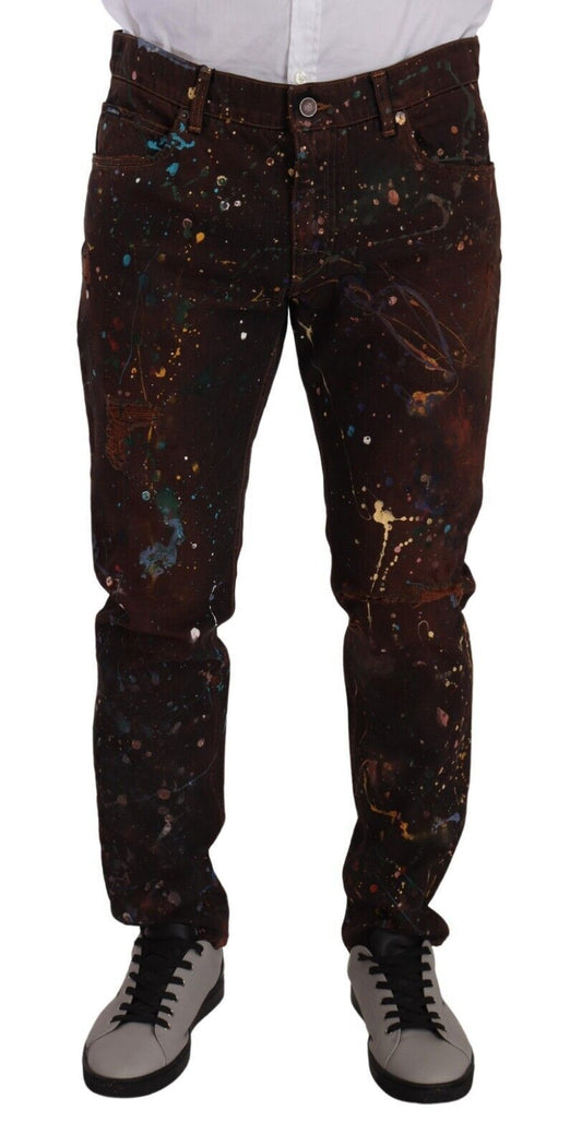 Dolce &amp; Gabbana – Jeans aus Baumwoll-Jeansstoff in Braun mit Farbspritzern