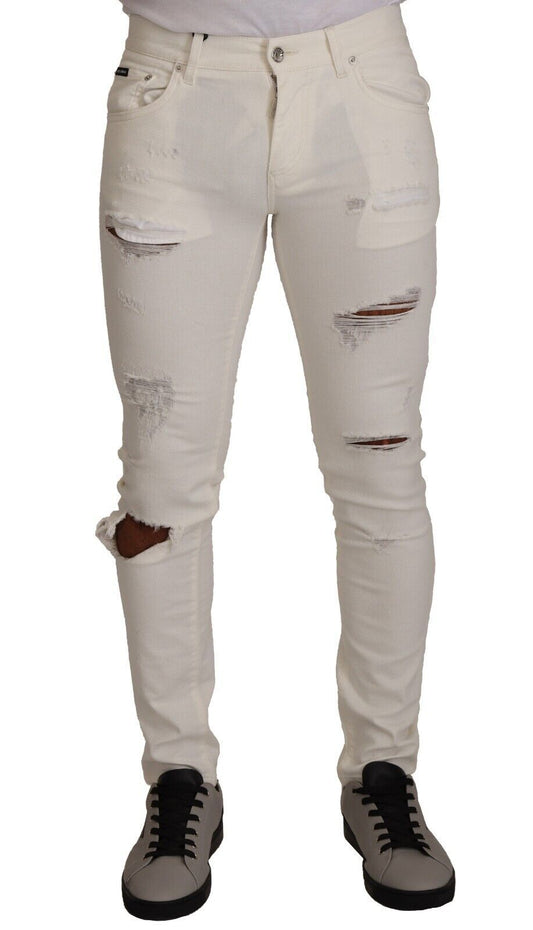 Dolce &amp; Gabbana – Weiße, zerfetzte Skinny-Jeans aus Baumwolle für Herren