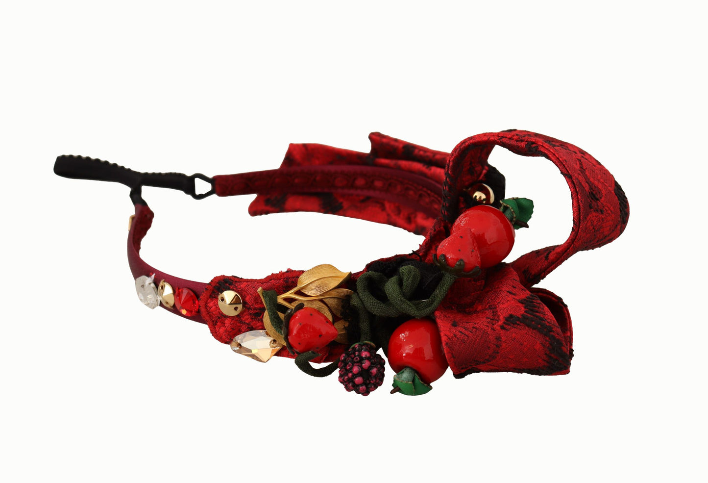 Dolce &amp; Gabbana – Kirschrotes Seiden-Diadem mit Kristallschleife und Logo