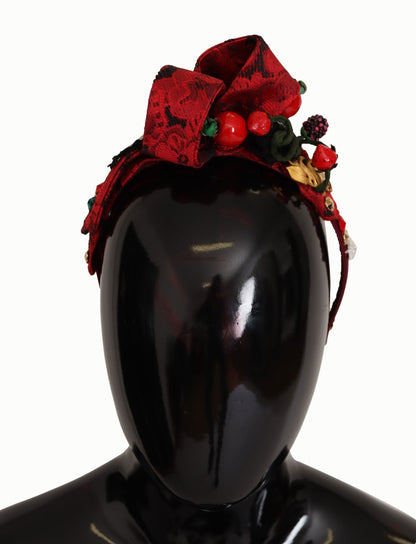 Dolce &amp; Gabbana – Kirschrotes Seiden-Diadem mit Kristallschleife und Logo