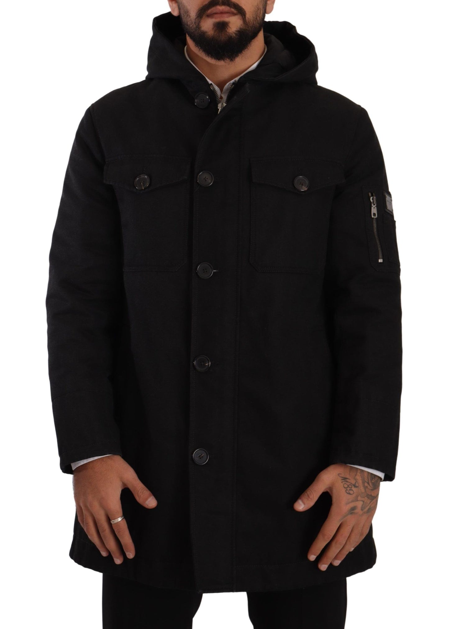 Dolce &amp; Gabbana Black Denim Hooded Parka Coat Winter Jacket