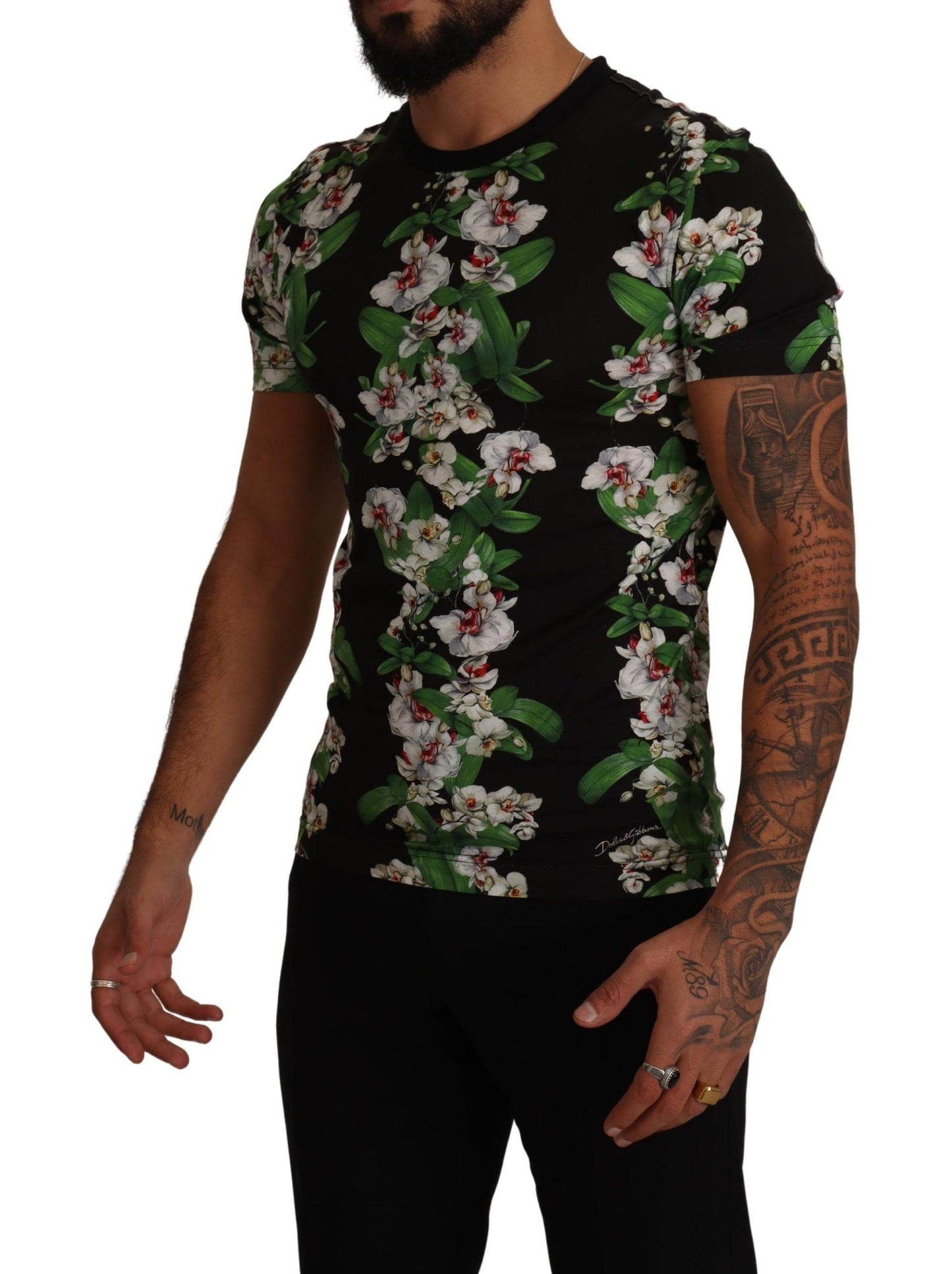 Dolce &amp; Gabbana – Schwarzes T-Shirt mit Rundhalsausschnitt und Blumenmuster
