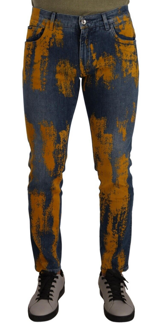 Dolce &amp; Gabbana Blau Gelb Farbstoff Baumwolle Skinny Herren Denim Jeans