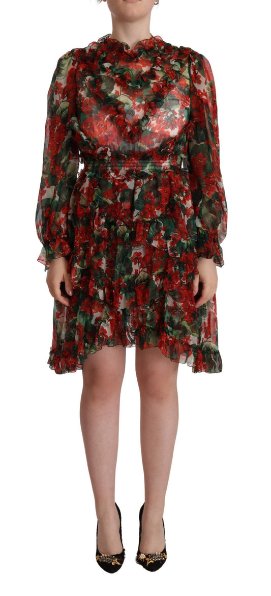 Dolce &amp; Gabbana Langes Maxikleid aus Seide mit mehrfarbigem, rotem Blumenmuster