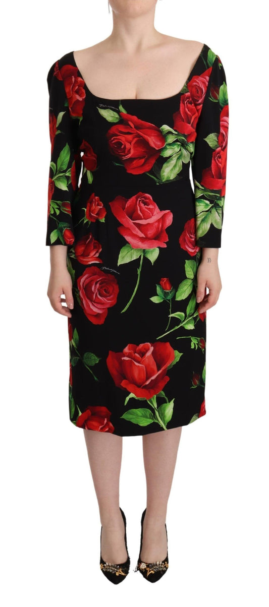 Dolce &amp; Gabbana – Etuikleid aus Stretch-Seide mit schwarzen und roten Rosen