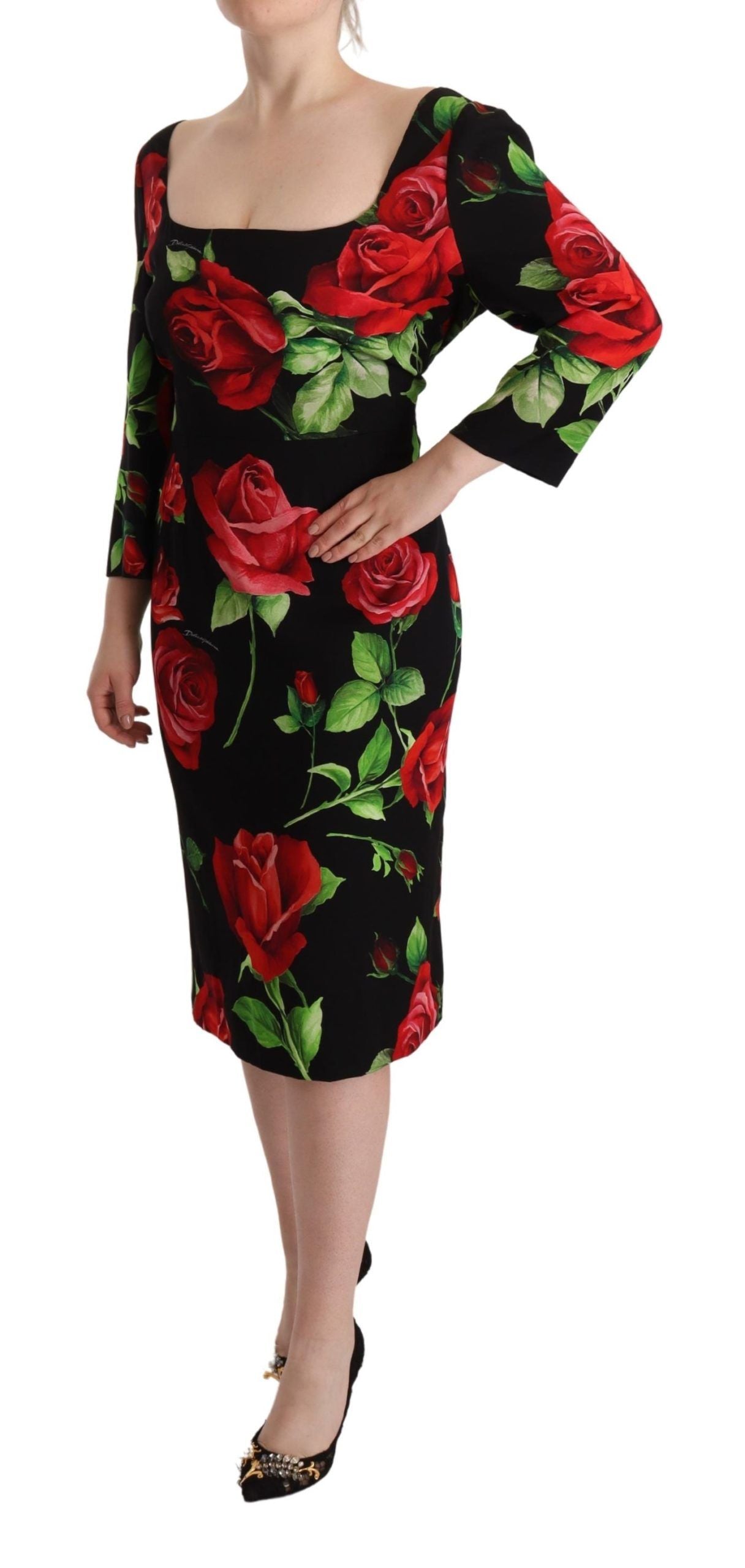 Dolce &amp; Gabbana Black Red Roses Sheath Stretch Silk Dress