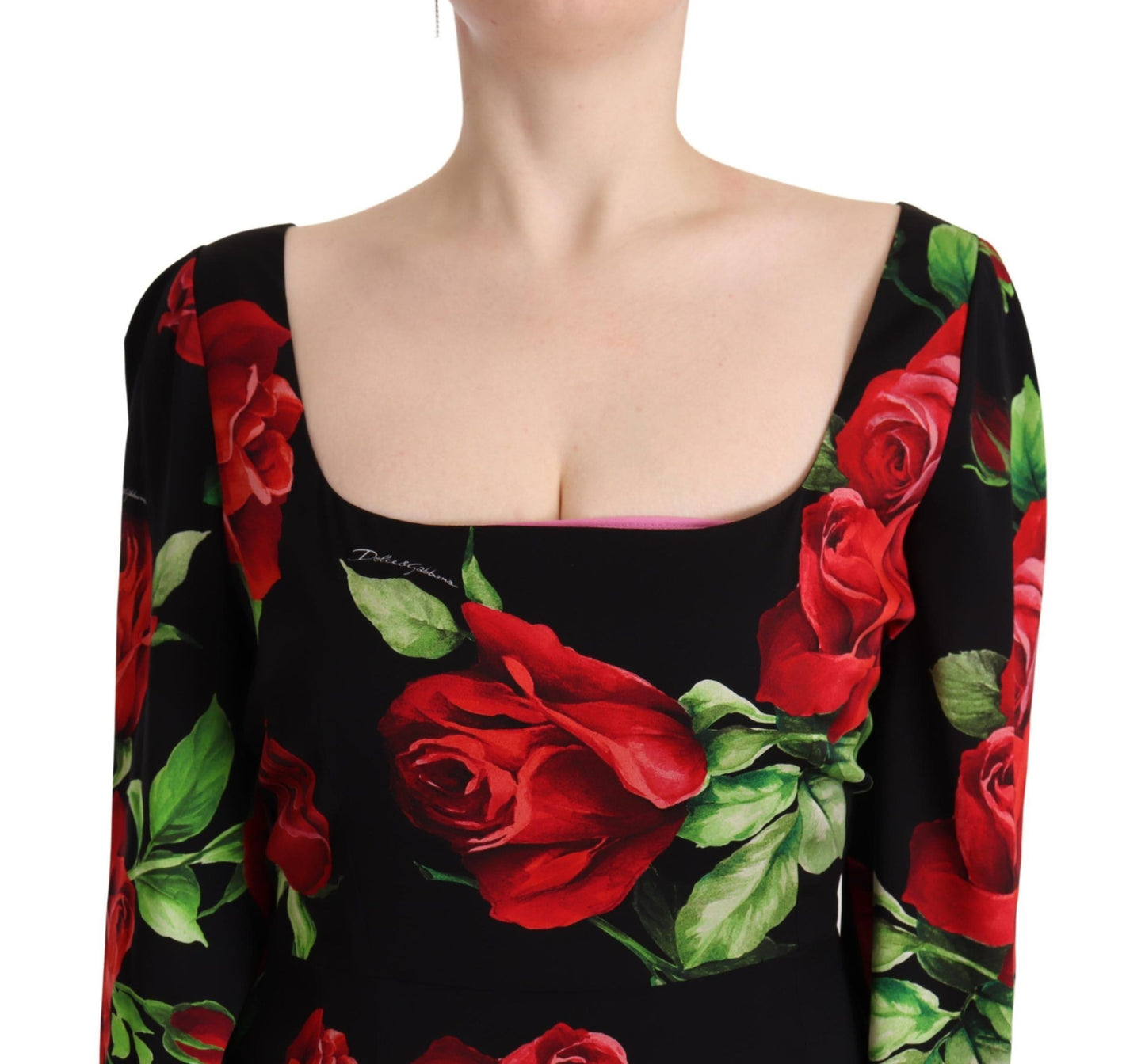 Dolce &amp; Gabbana Black Red Roses Sheath Stretch Silk Dress