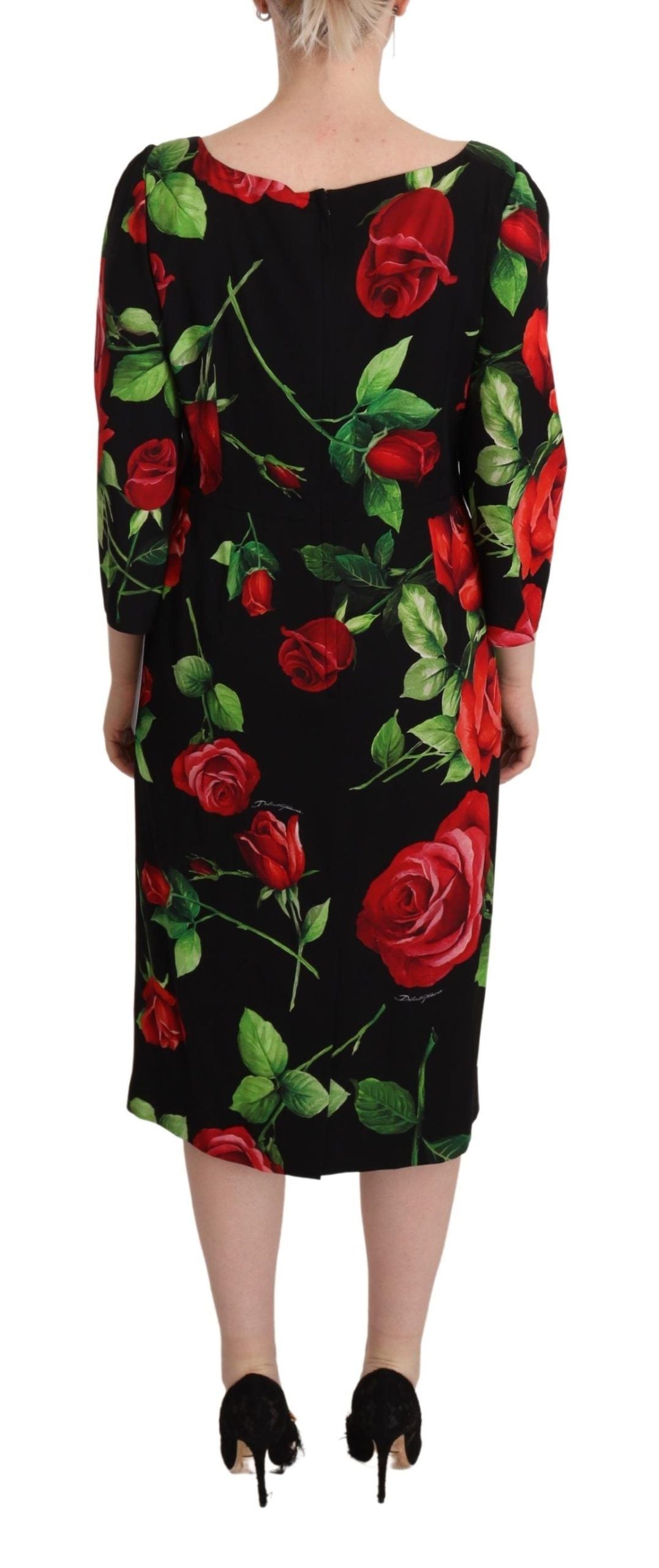Dolce &amp; Gabbana Black Red Roses Sheath Stretch Silk Dress
