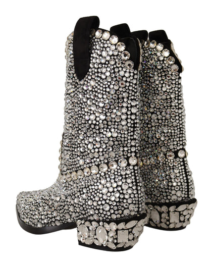 Dolce &amp; Gabbana Black Suede Rhinestone Crystal Cowgirl Boots
