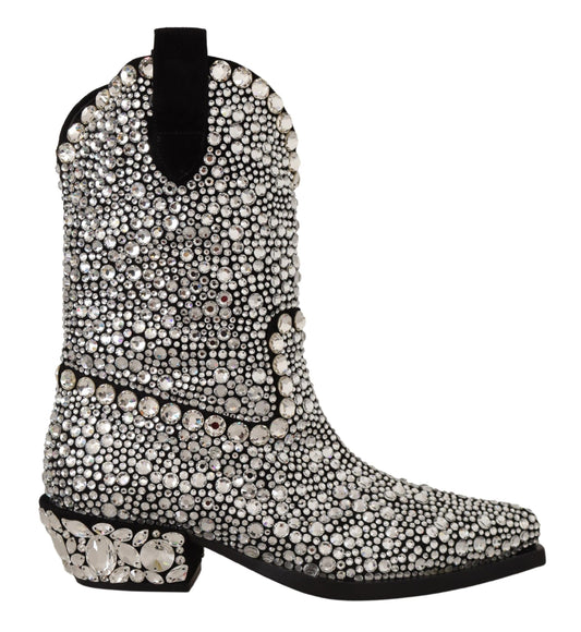 Dolce &amp; Gabbana Black Suede Rhinestone Crystal Cowgirl Boots