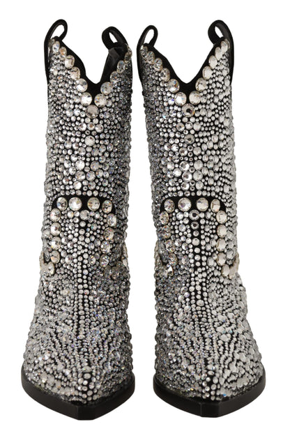 Dolce &amp; Gabbana Black Suede Rhinestone Crystal Cowgirl Boots
