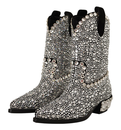 Dolce &amp; Gabbana Black Suede Rhinestone Crystal Cowgirl Boots