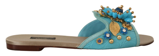 Dolce &amp; Gabbana Blaue Kristallsandalen aus exotischem Leder mit blauen Kristallen