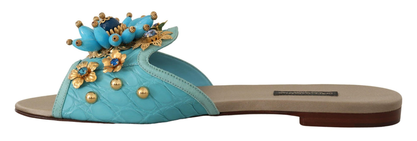 Dolce &amp; Gabbana Blaue Kristallsandalen aus exotischem Leder mit blauen Kristallen