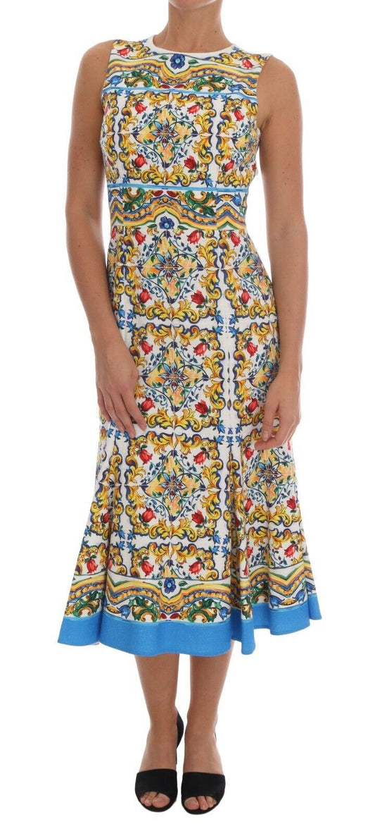 Dolce &amp; Gabbana Weißes ärmelloses Majoilca-Etuikleid in A-Linie