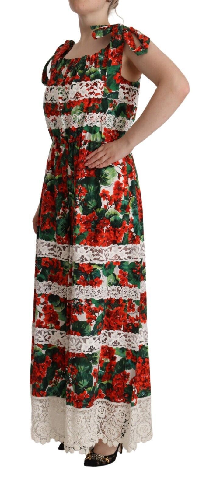 Dolce &amp; Gabbana – Langes Maxikleid aus Spitze mit mehrfarbigem Geranien-Print