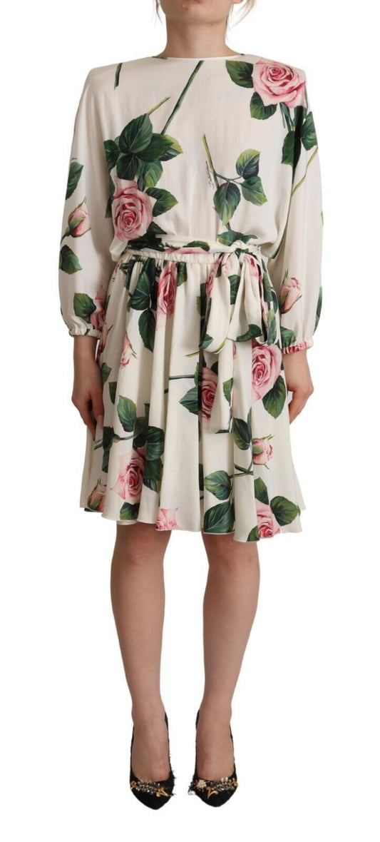 Dolce &amp; Gabbana – Weißes A-Linien-Kleid mit langen Ärmeln und Rosenprint