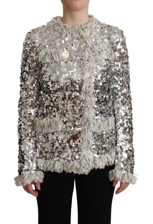 Dolce &amp; Gabbana – Langärmlige Jacke aus silbernem, mit Pailletten besetztem Lammfell