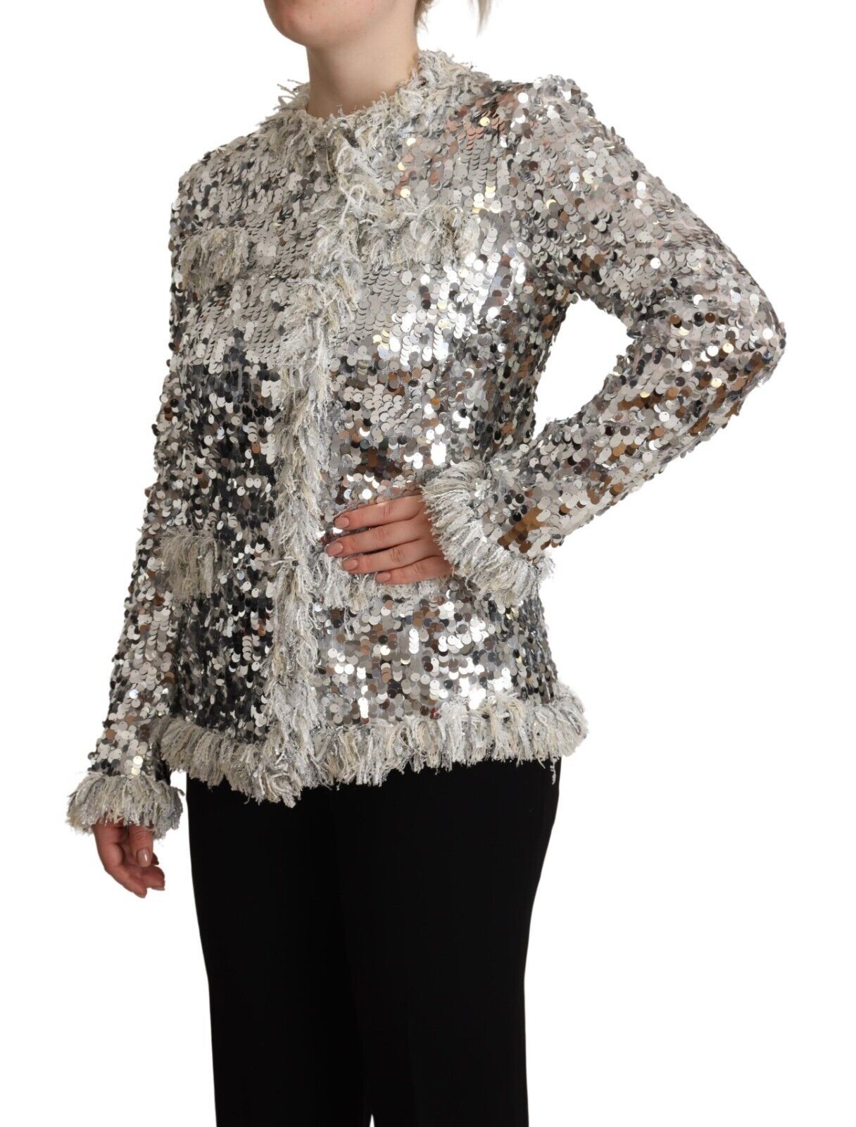 Dolce &amp; Gabbana – Langärmlige Jacke aus silbernem, mit Pailletten besetztem Lammfell