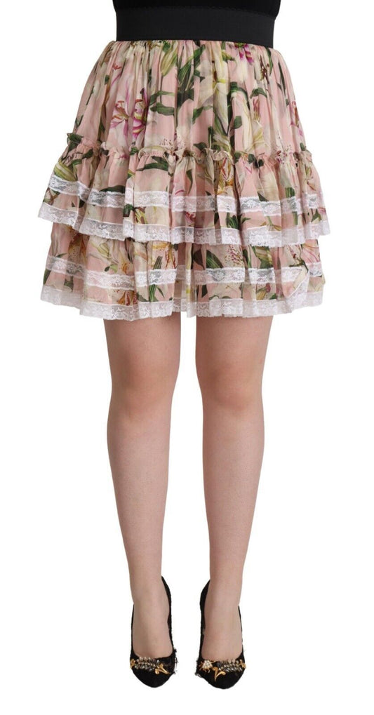Dolce &amp; Gabbana – Mini-Stufenrock aus Seide in A-Linie mit rosa Lilien-Print