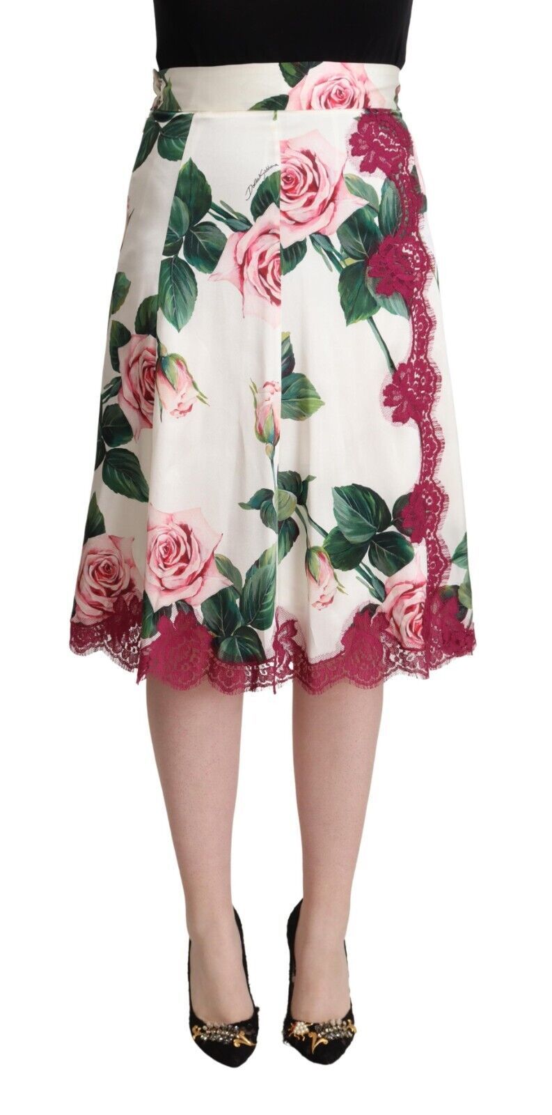 Dolce &amp; Gabbana – Midirock in A-Linie mit hoher Taille und Rosenprint in Weiß