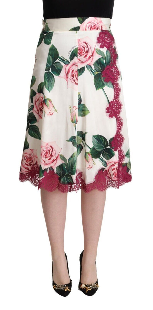 Dolce &amp; Gabbana – Midirock in A-Linie mit hoher Taille und Rosenprint in Weiß