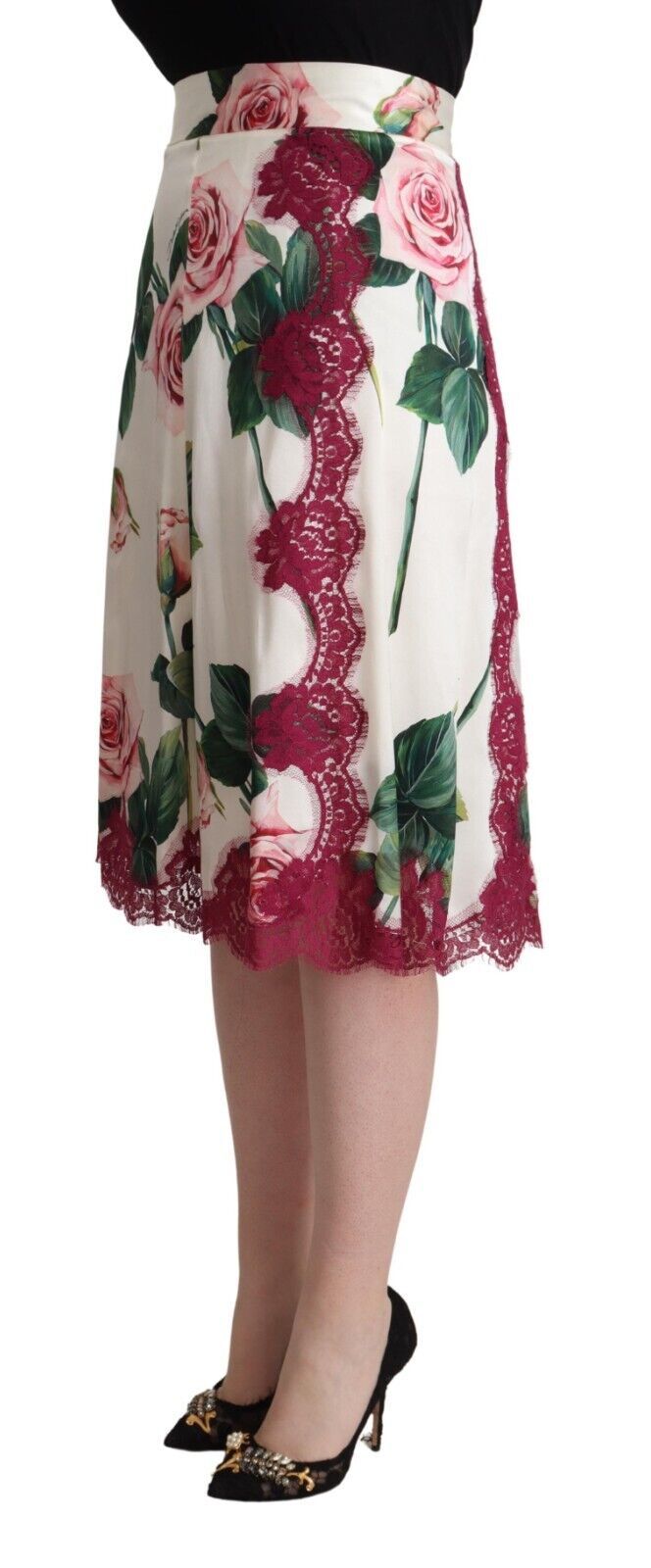 Dolce &amp; Gabbana – Midirock in A-Linie mit hoher Taille und Rosenprint in Weiß