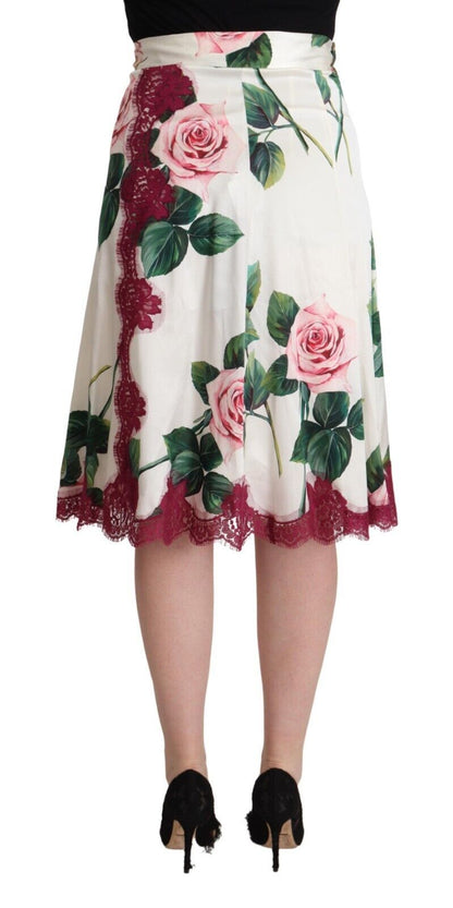 Dolce &amp; Gabbana – Midirock in A-Linie mit hoher Taille und Rosenprint in Weiß
