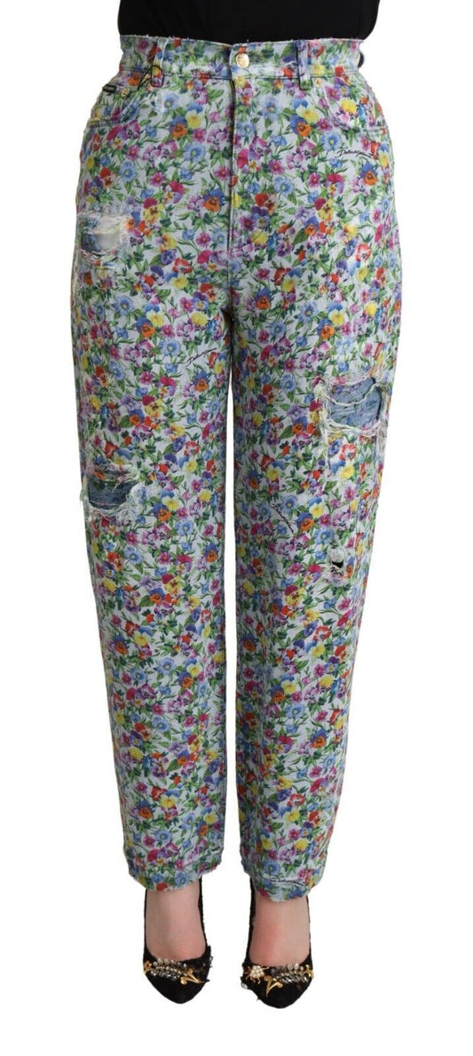 Dolce &amp; Gabbana – Blaue, schmal zulaufende Jeans aus Denim mit Blumenmuster und hoher Taille
