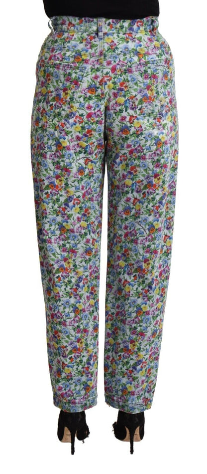 Dolce &amp; Gabbana – Blaue, schmal zulaufende Jeans aus Denim mit Blumenmuster und hoher Taille