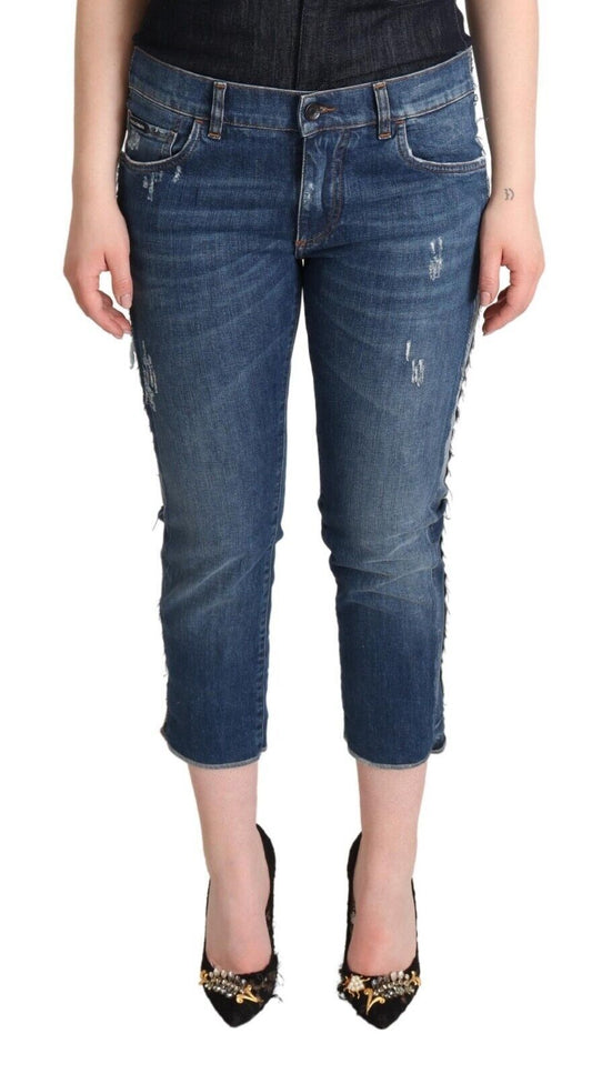 Dolce &amp; Gabbana – Blau verwaschene, verkürzte Jeans mit Logo und mittlerer Taille