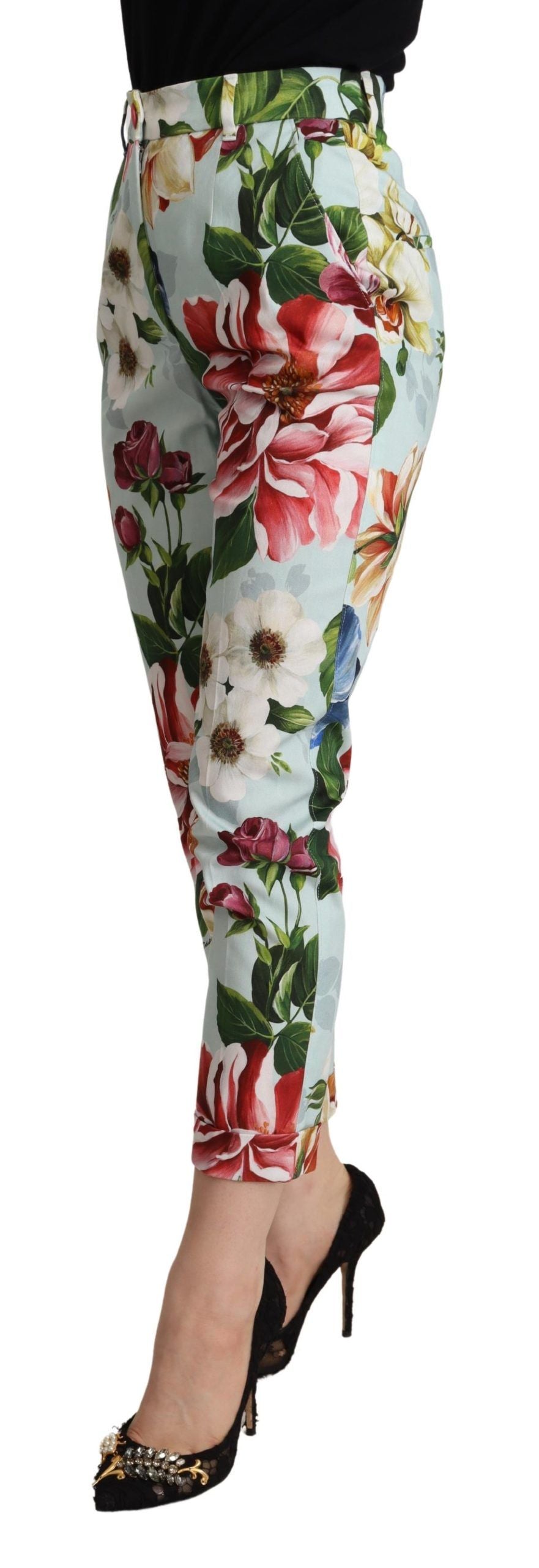 Dolce &amp; Gabbana – Hellblaue, konisch zulaufende Baumwollhose mit Fiori-Print