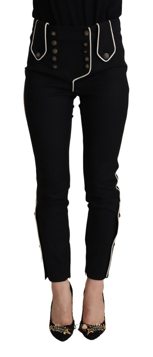 Dolce &amp; Gabbana – Schwarze Slim-Fit-Hose mit mittelhohem Bund und Knopfverzierung