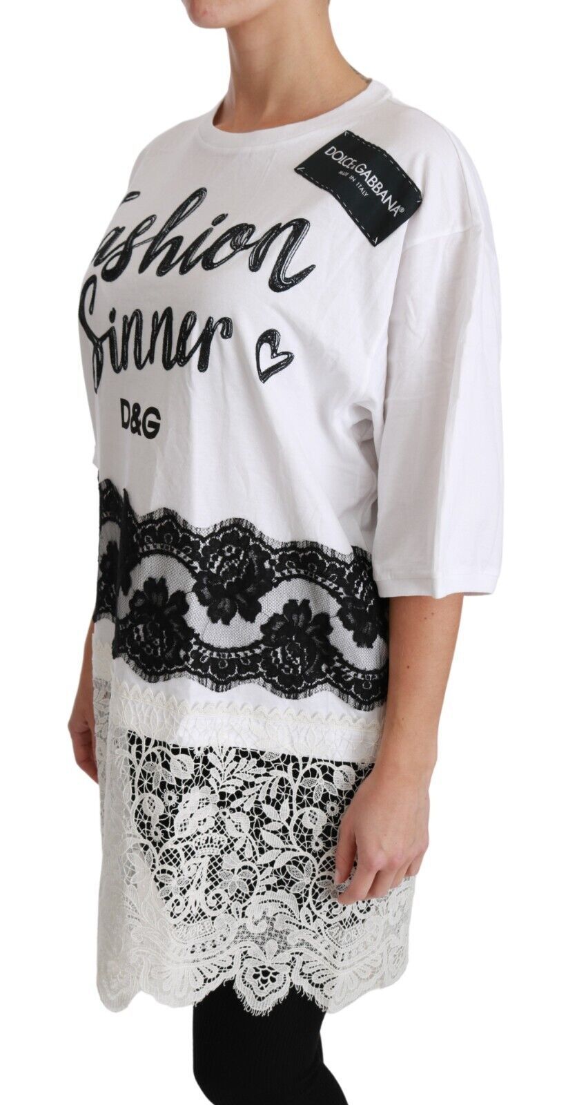 Dolce &amp; Gabbana – Weißes T-Shirt mit Baumwollspitze „Fashion Sinner“