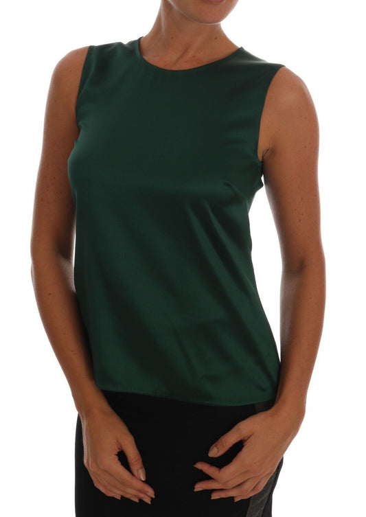 Dolce &amp; Gabbana Dunkelgrünes ärmelloses Tanktop aus Seide mit Rundhalsausschnitt