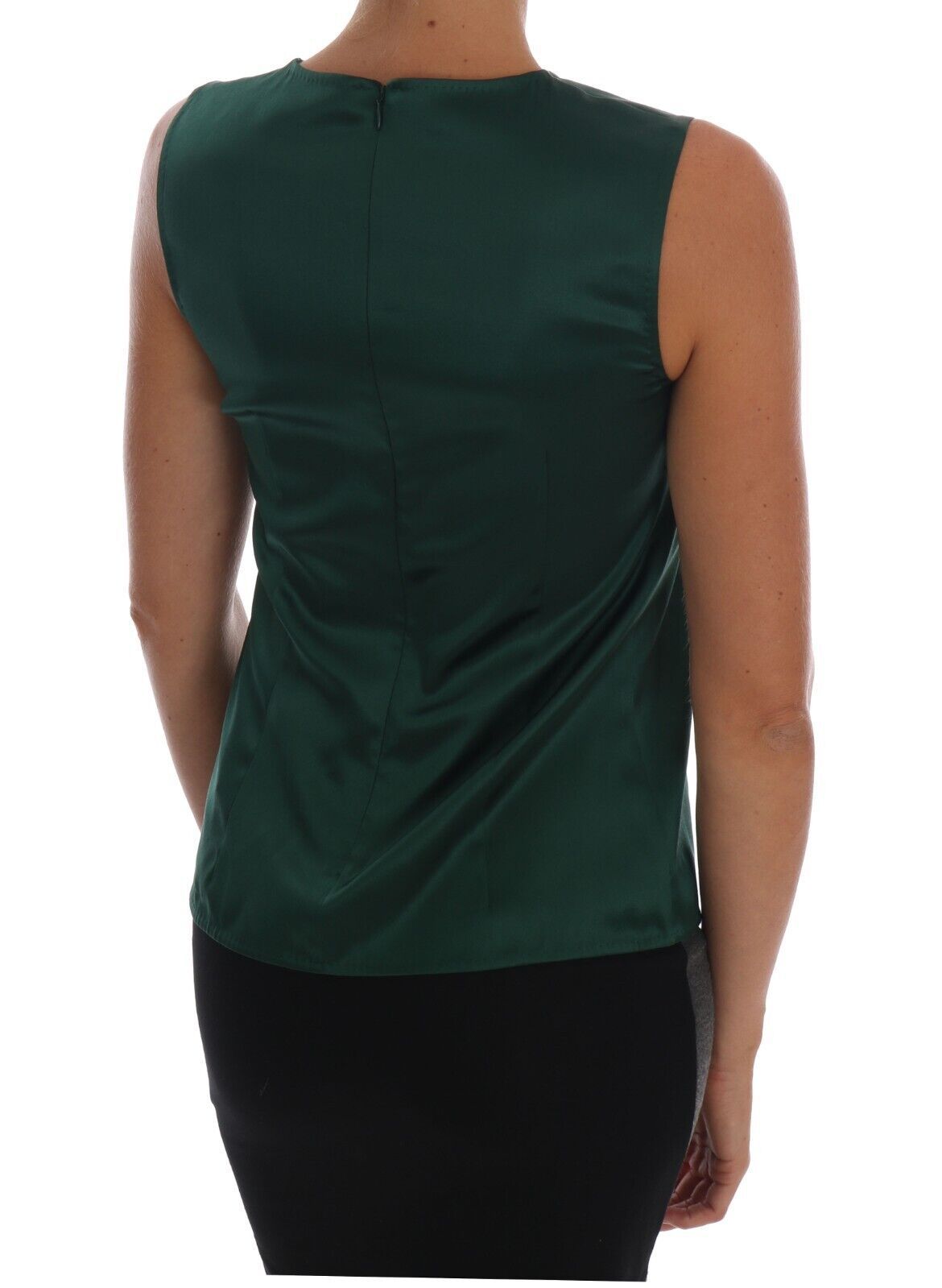 Dolce &amp; Gabbana Dunkelgrünes ärmelloses Tanktop aus Seide mit Rundhalsausschnitt